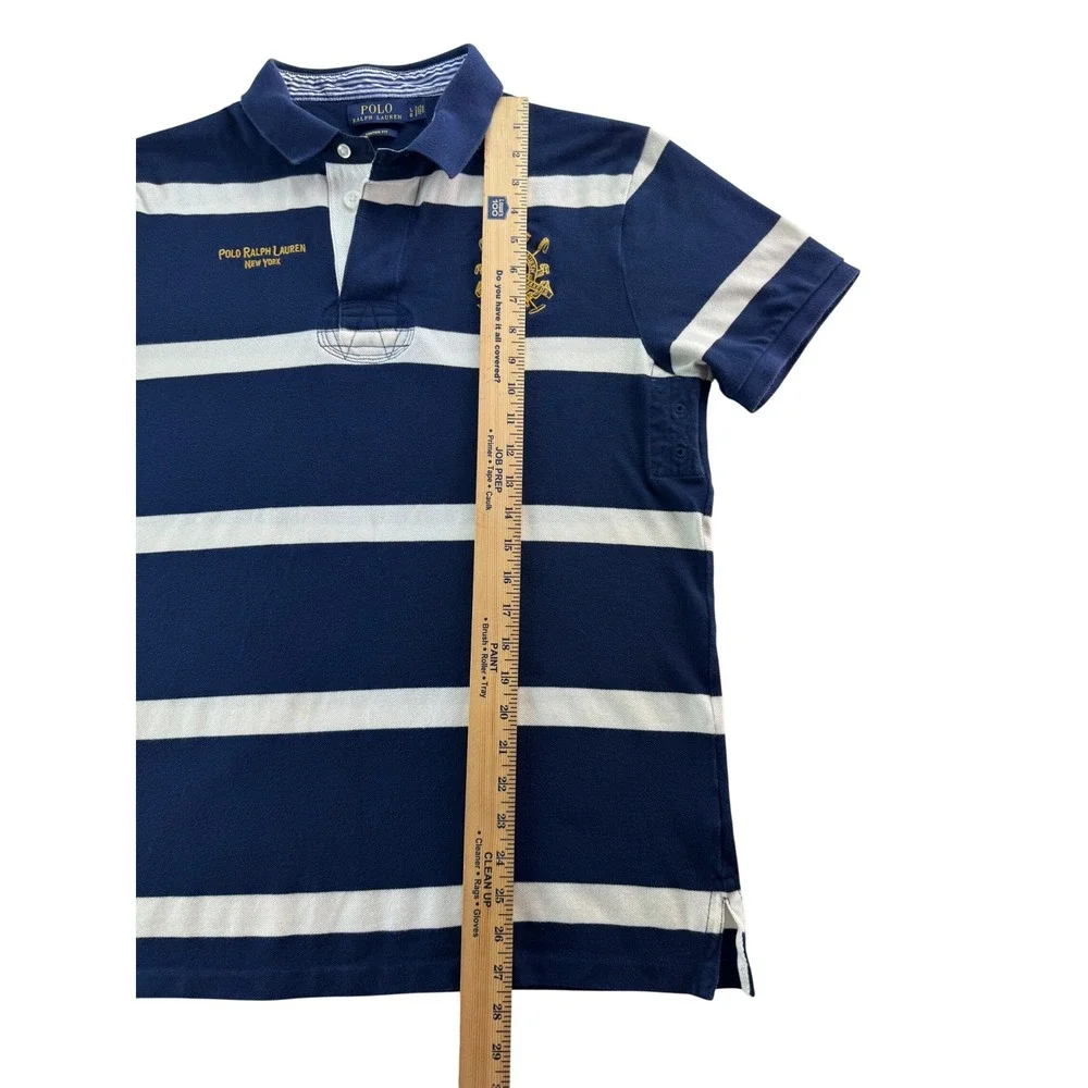 Polo Ralph Lauren Mens Custom Fit Striped Rugby Polo Shirt Navy White Sz LG Logo